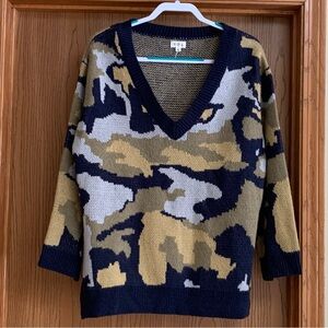 POL Camouflage V-Neck Sweater in Navy, Tan, and Cream